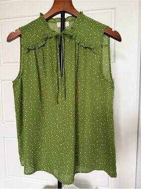 LOFT Olive Green Sleeveless Ruffle Tie-Neck Top